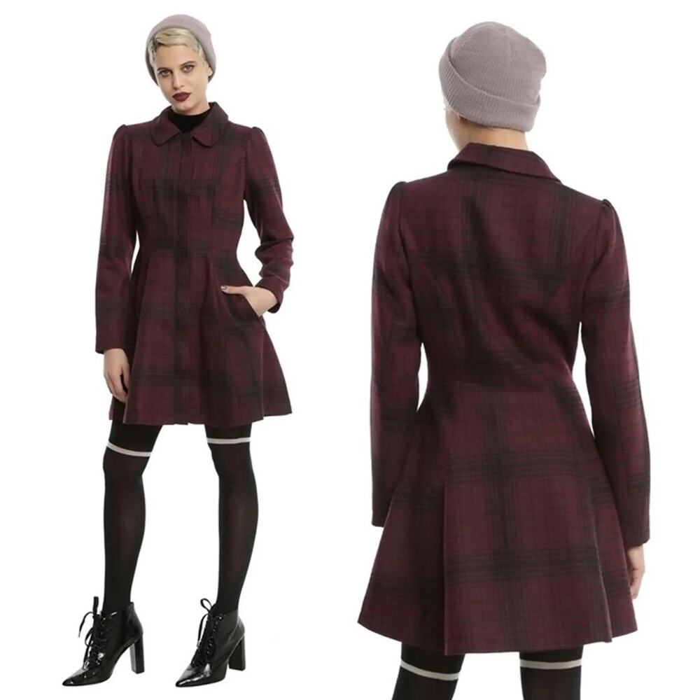 Hot Topic Burgundy Black Plaid Zip Up Coat Peter Pan Collar Fit & Flare Goth XL
